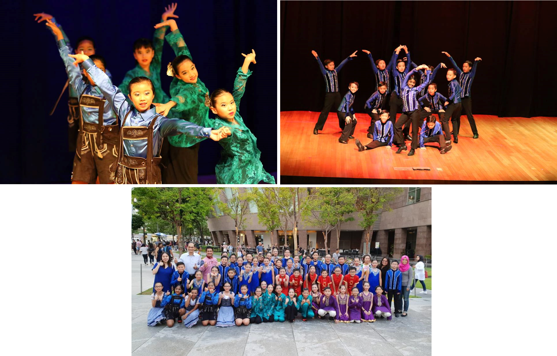 Three photos of children in colorful costumes performing dances on stage and posing outdoors as a large group.